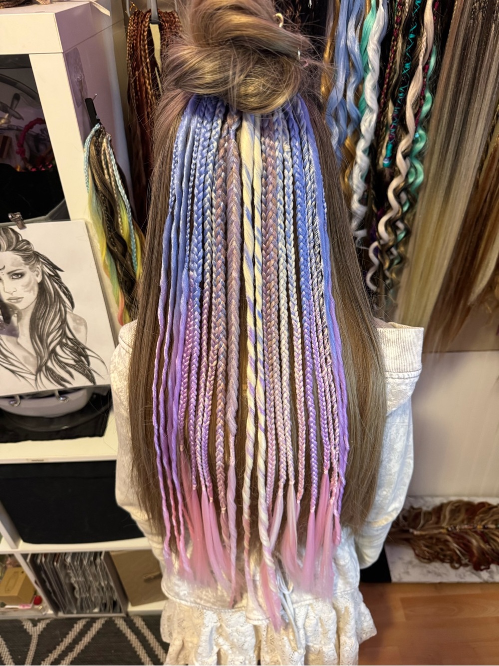 Braided Hair Extensions with Pastel Blue and Pink Accents